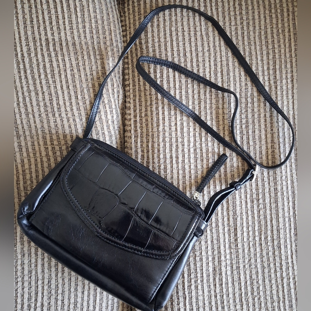 🆕BRIGHTON REGALIA Organizer Woven Braided Black Leather Croc Crossbody Bag - Picture 3 of 16